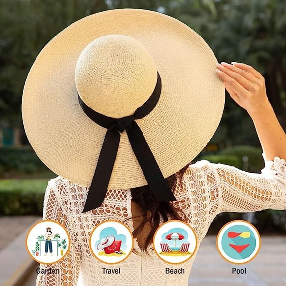 Women’s Straw Sun Hat Floppy Wide Brim Foldable UV Protection Mix Beige S/M-L/XL - Picture 6 of 6